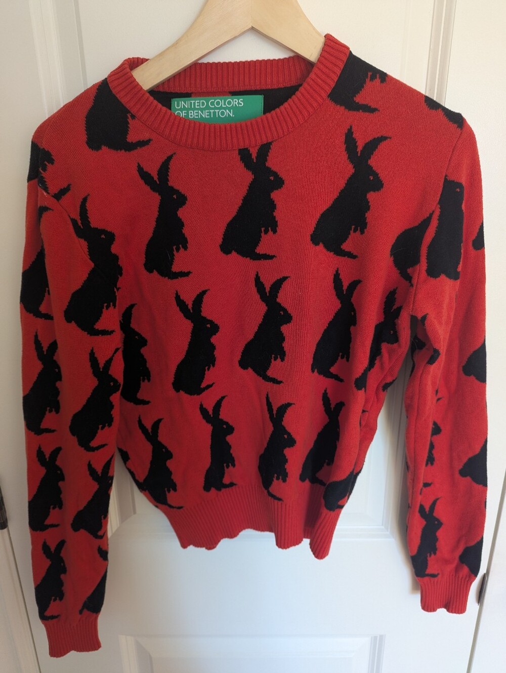United Colors Of Benetton Tomato Red Crewneck Sweater with Black Rabbit Motif